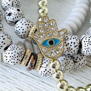 Boho 4pc Stacked Bracelet Set ~ Evil Eye Fatima Charm Accent ~ Cream & Gold